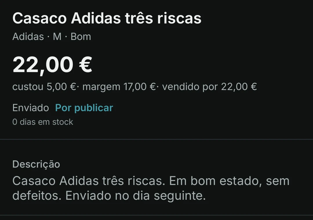 Detalhe da ficha de uma peça na app Android da Vintedex, com a margem calculada