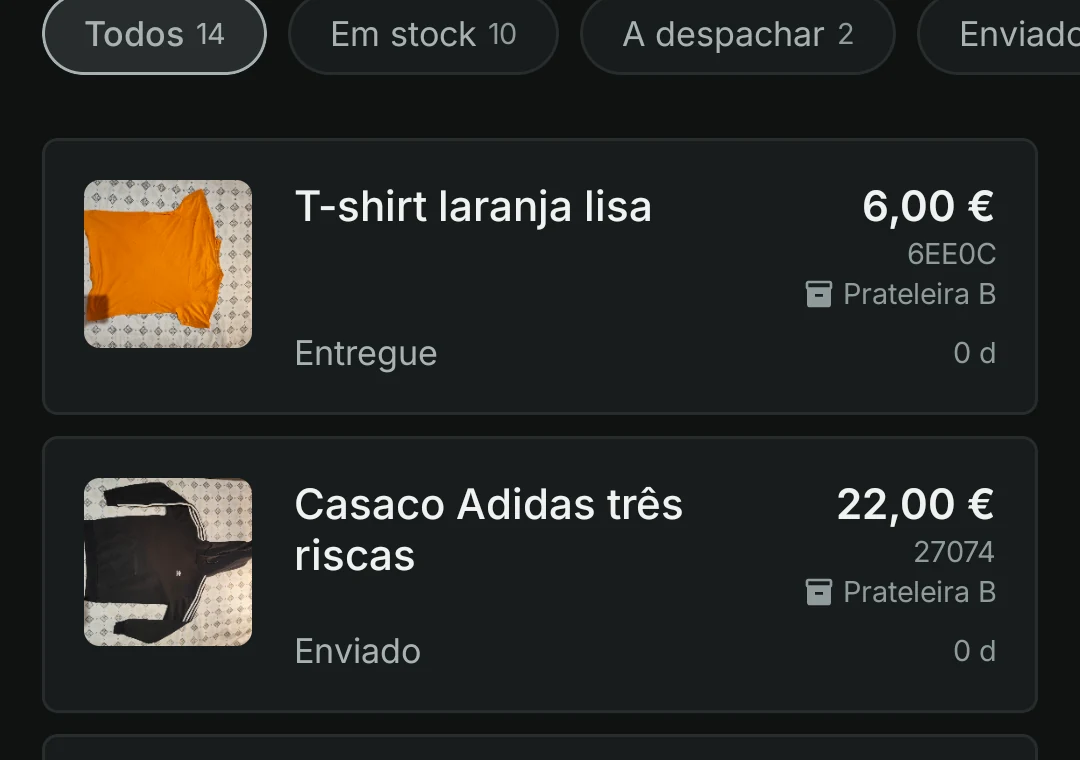 Detalhe do stock na app Android da Vintedex, com filtros e prateleira