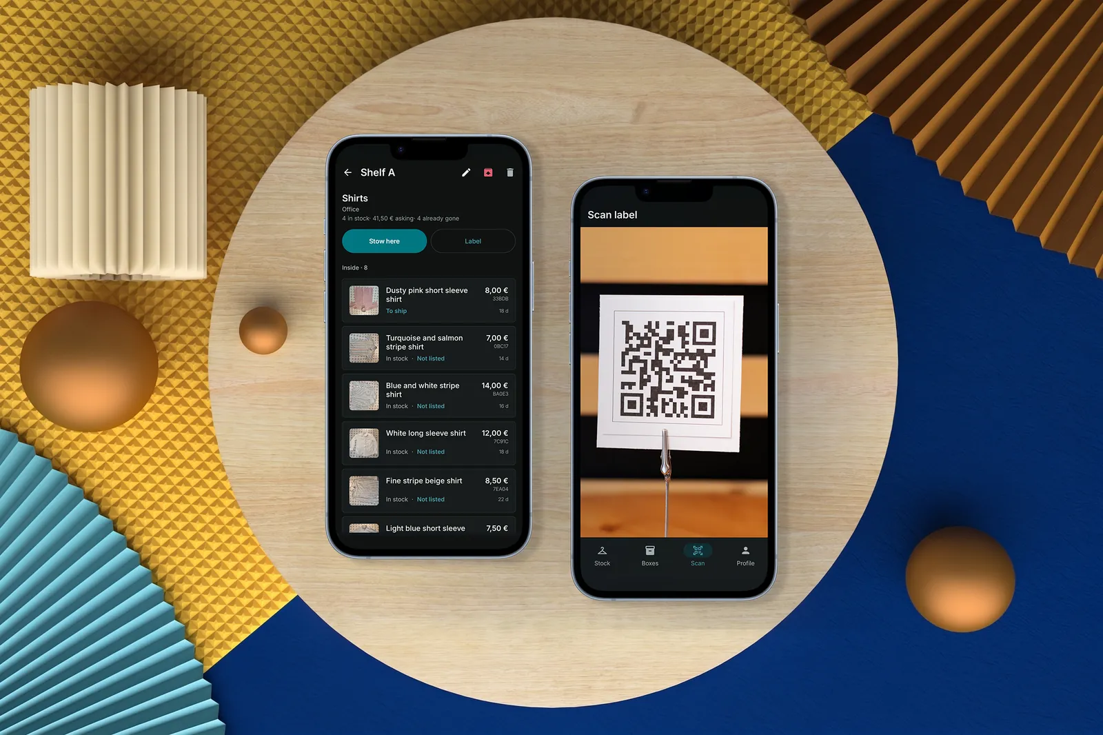 A prateleira e o leitor de etiquetas QR na app Android da Vintedex