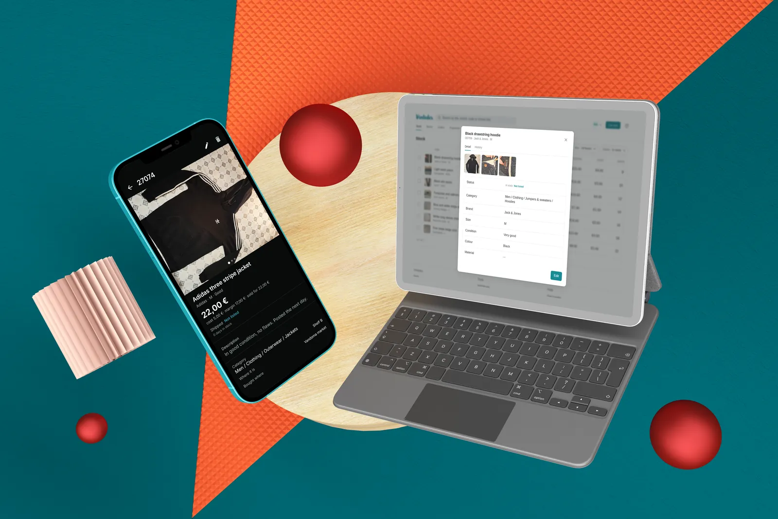 A ficha de uma peça da Vintedex no telemóvel e no tablet